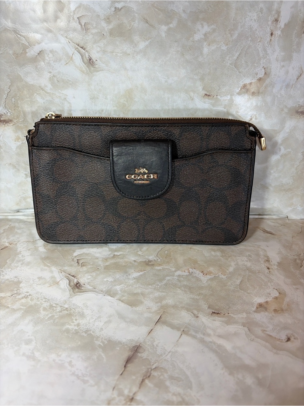 Coach Poppy Signature Card Case Crossbody Brown Black Zip Wallet